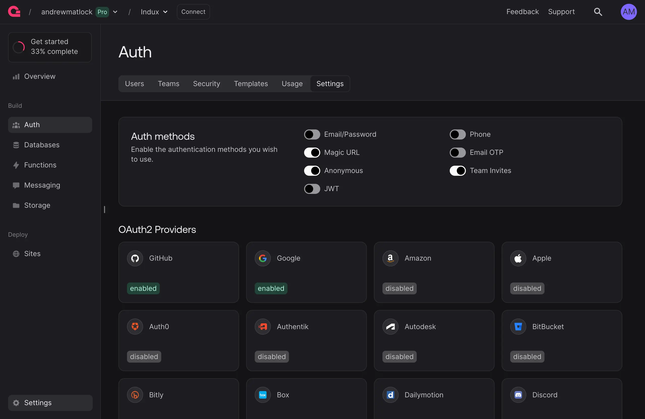 Appwrite auth settings