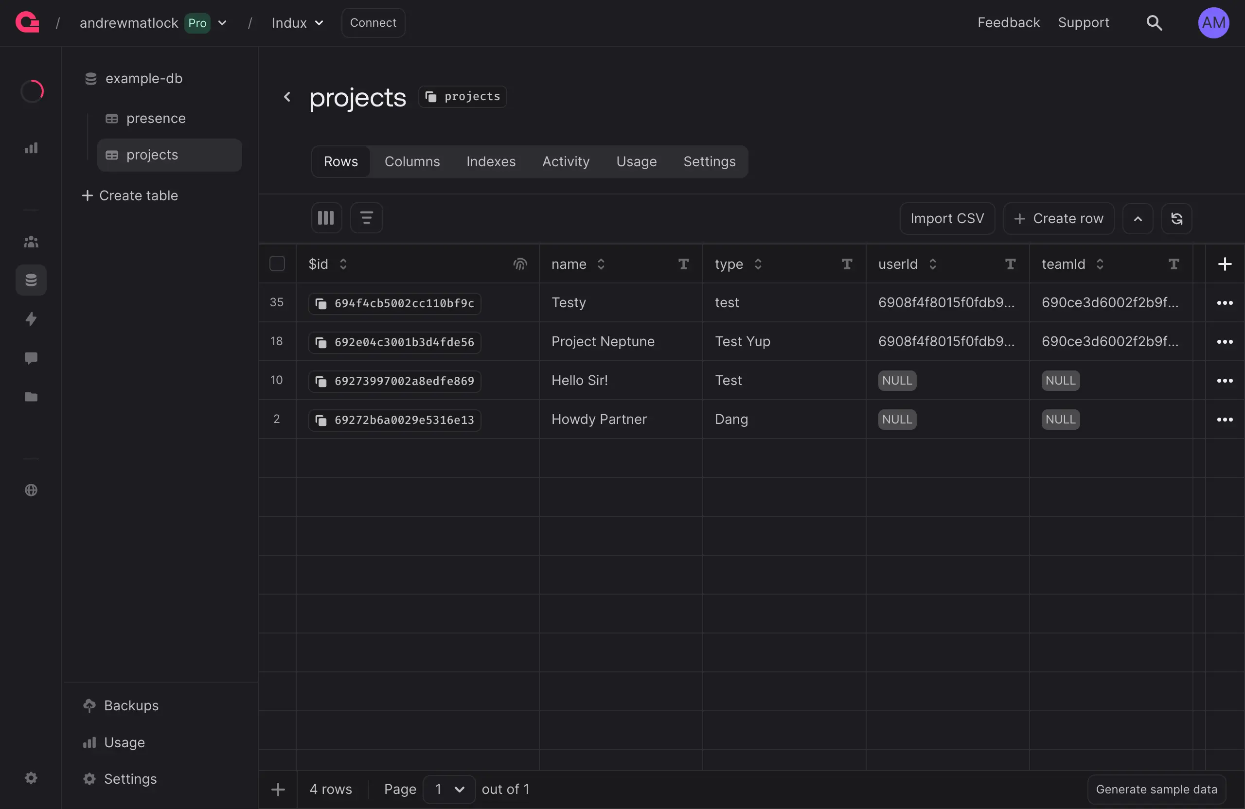 Appwrite database table